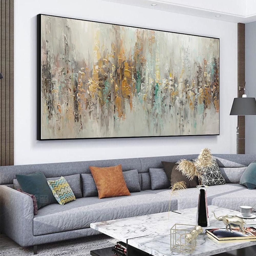 Tableau huile abstrait fait main sur toile luxe léger horizontal pour salon déco - IVOIRART.COM