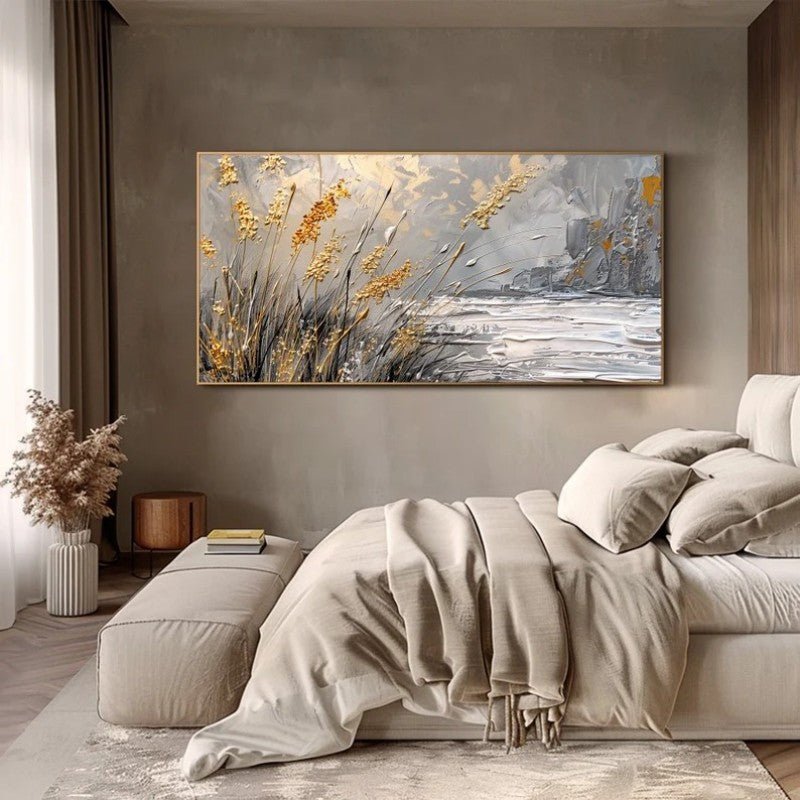 Tableau huile abstrait paysage rives du lac peint à la main déco murale contemp. - IVOIRART.COM