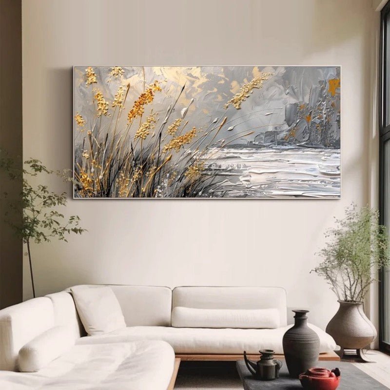 Tableau huile abstrait paysage rives du lac peint à la main déco murale contemp. - IVOIRART.COM