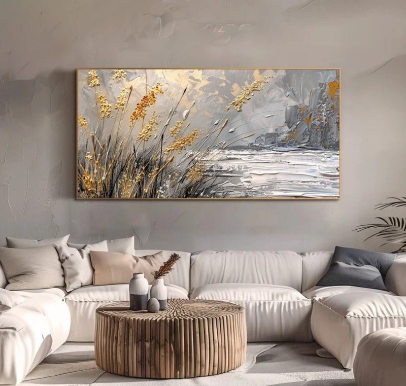 Tableau huile abstrait paysage rives du lac peint à la main déco murale contemp. - IVOIRART.COM