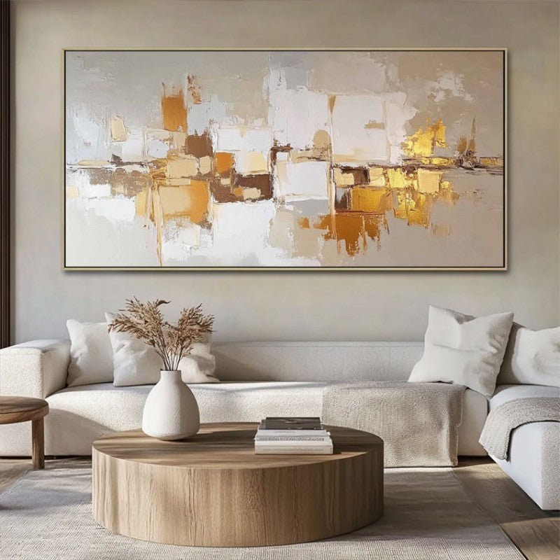 Tableau huile doré abstrait peint à la main sur toile style nordique pour déco!! - IVOIRART.COM