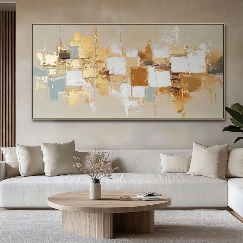 Tableau huile doré abstrait peint à la main sur toile style nordique pour déco!! - IVOIRART.COM