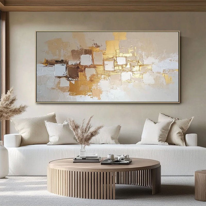 Tableau huile doré abstrait peint à la main sur toile style nordique pour déco!! - IVOIRART.COM