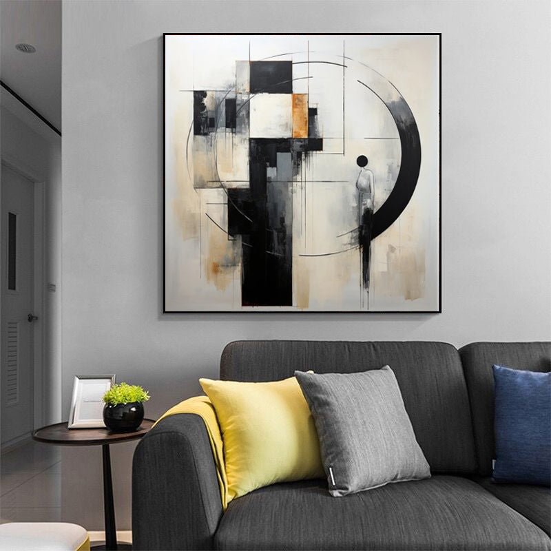 Tableau huile fait main abstrait noir et blanc toile non encadrée moderne carrés - IVOIRART.COM