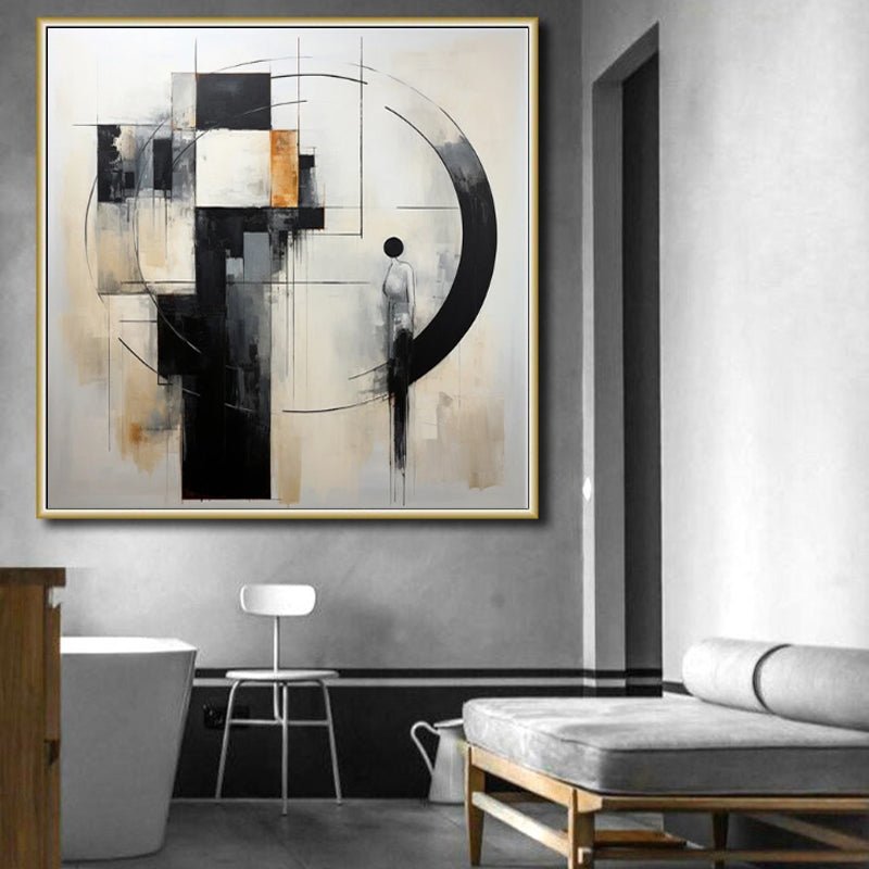 Tableau huile fait main abstrait noir et blanc toile non encadrée moderne carrés - IVOIRART.COM