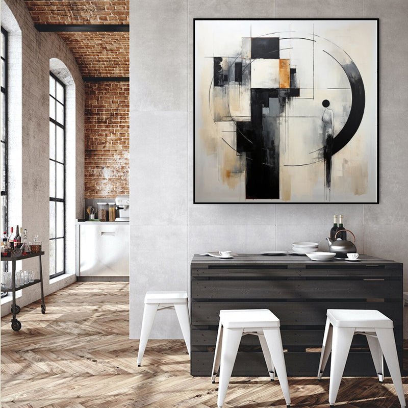 Tableau huile fait main abstrait noir et blanc toile non encadrée moderne carrés - IVOIRART.COM