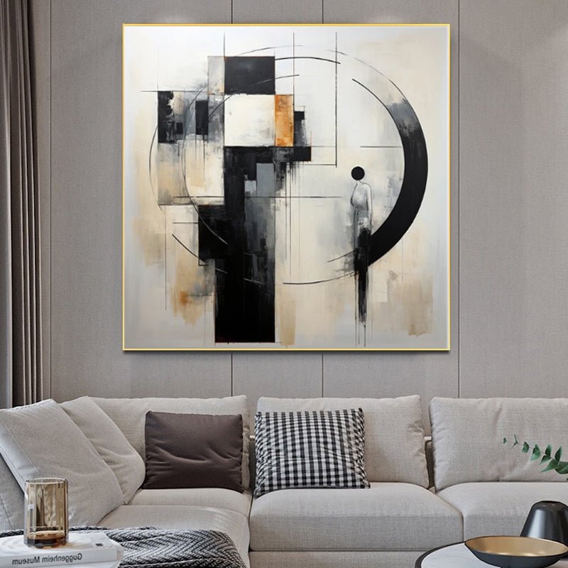 Tableau huile fait main abstrait noir et blanc toile non encadrée moderne carrés - IVOIRART.COM
