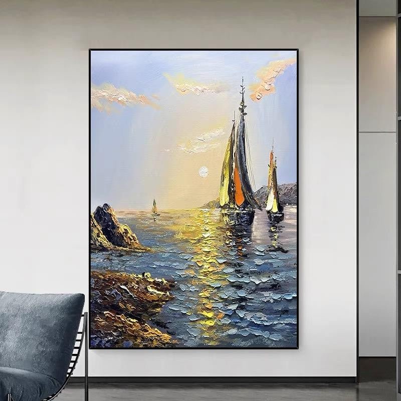 Tableau huile fait main Sea Boat paysage moderne sur toile pour salon déco grand - IVOIRART.COM