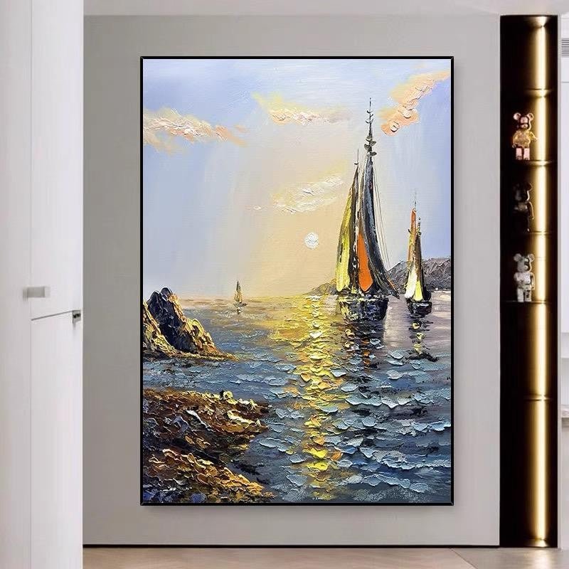 Tableau huile fait main Sea Boat paysage moderne sur toile pour salon déco grand - IVOIRART.COM