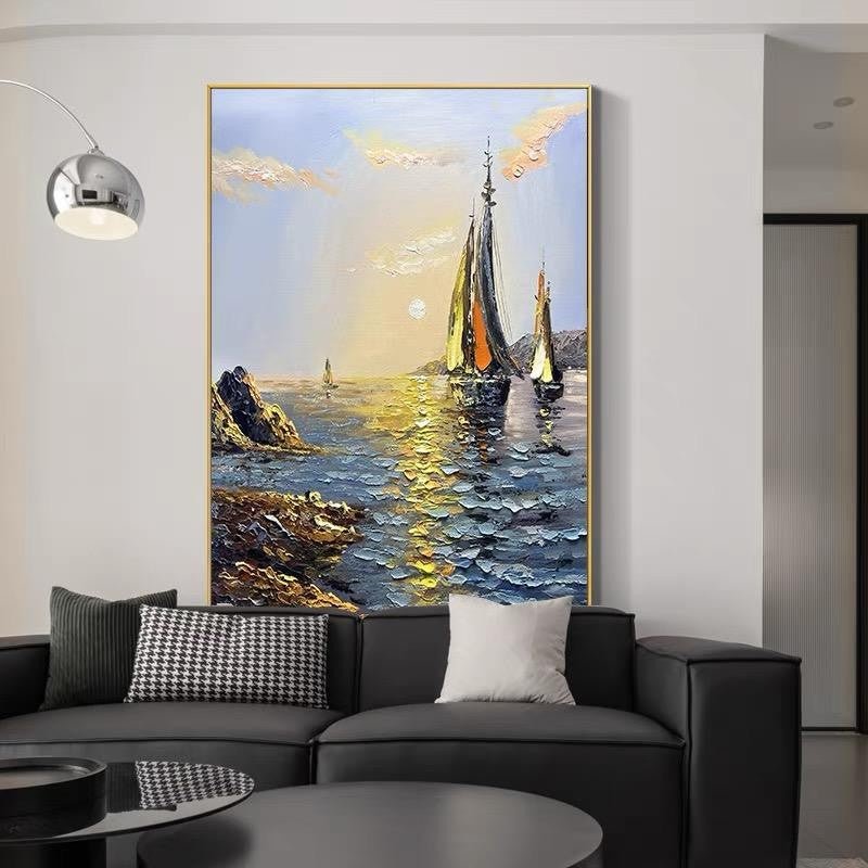 Tableau huile fait main Sea Boat paysage moderne sur toile pour salon déco grand - IVOIRART.COM