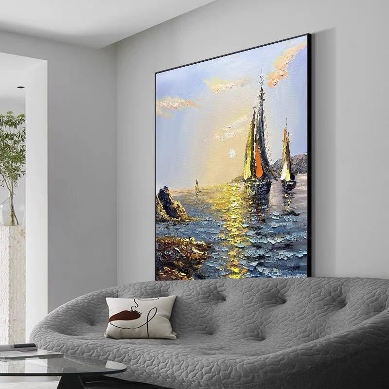 Tableau huile fait main Sea Boat paysage moderne sur toile pour salon déco grand - IVOIRART.COM