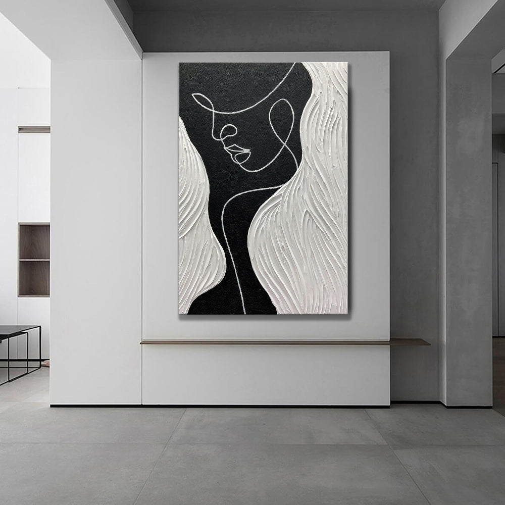 Tableau huile portrait noir et blanc fait-main, abstrait nordique pour salon 60cm - IVOIRART.COM