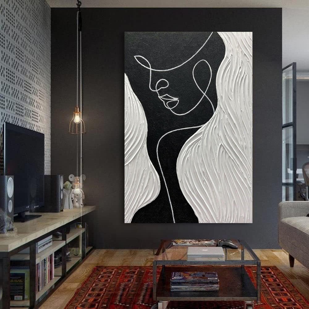 Tableau huile portrait noir et blanc fait-main, abstrait nordique pour salon 60cm - IVOIRART.COM
