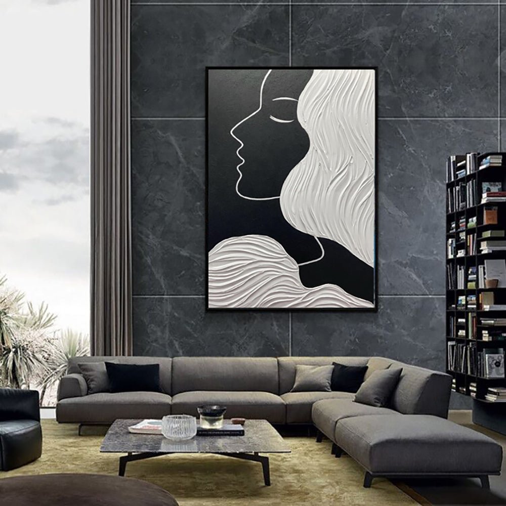 Tableau huile portrait noir et blanc fait-main, abstrait nordique pour salon 60cm - IVOIRART.COM