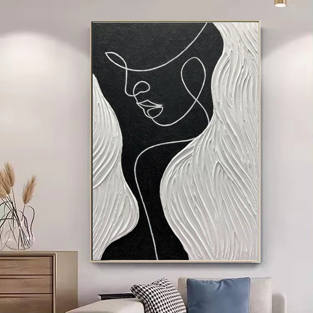 Tableau huile portrait noir et blanc fait-main, abstrait nordique pour salon 60cm - IVOIRART.COM