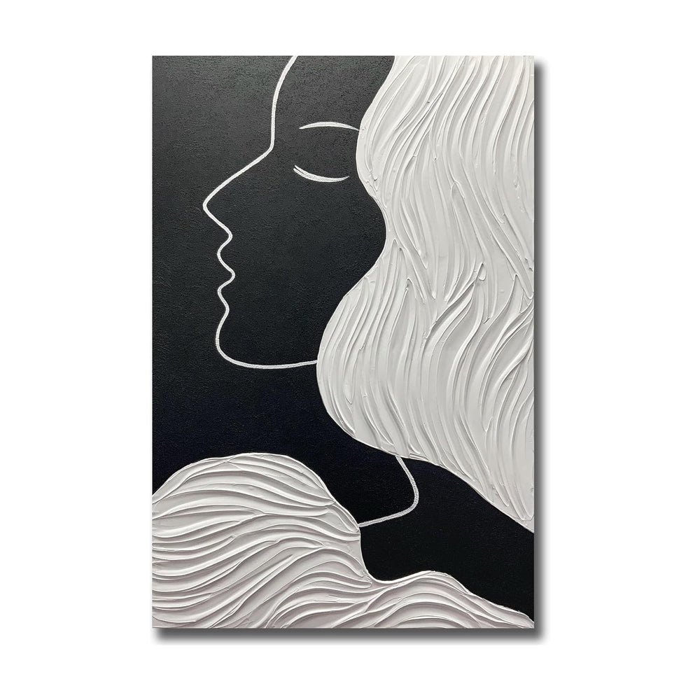 Tableau huile portrait noir et blanc fait-main, abstrait nordique pour salon 60cm - IVOIRART.COM