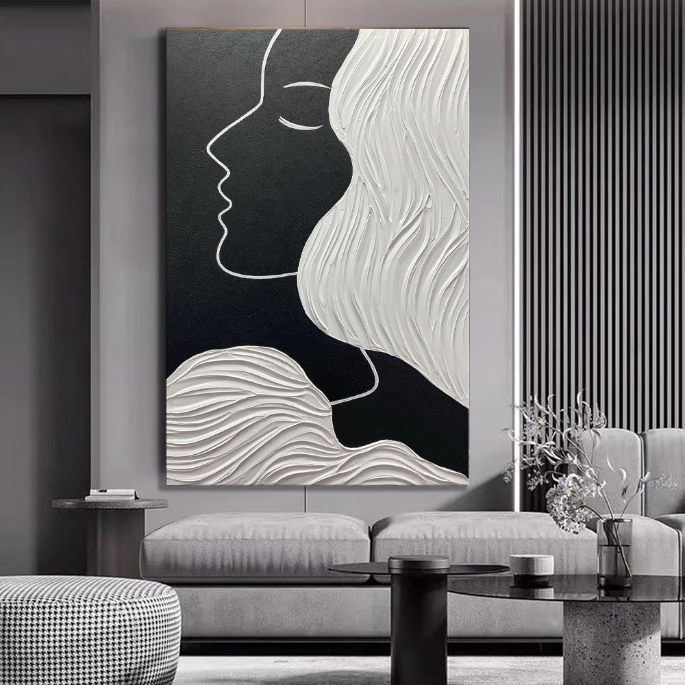 Tableau huile portrait noir et blanc fait-main, abstrait nordique pour salon 60cm - IVOIRART.COM