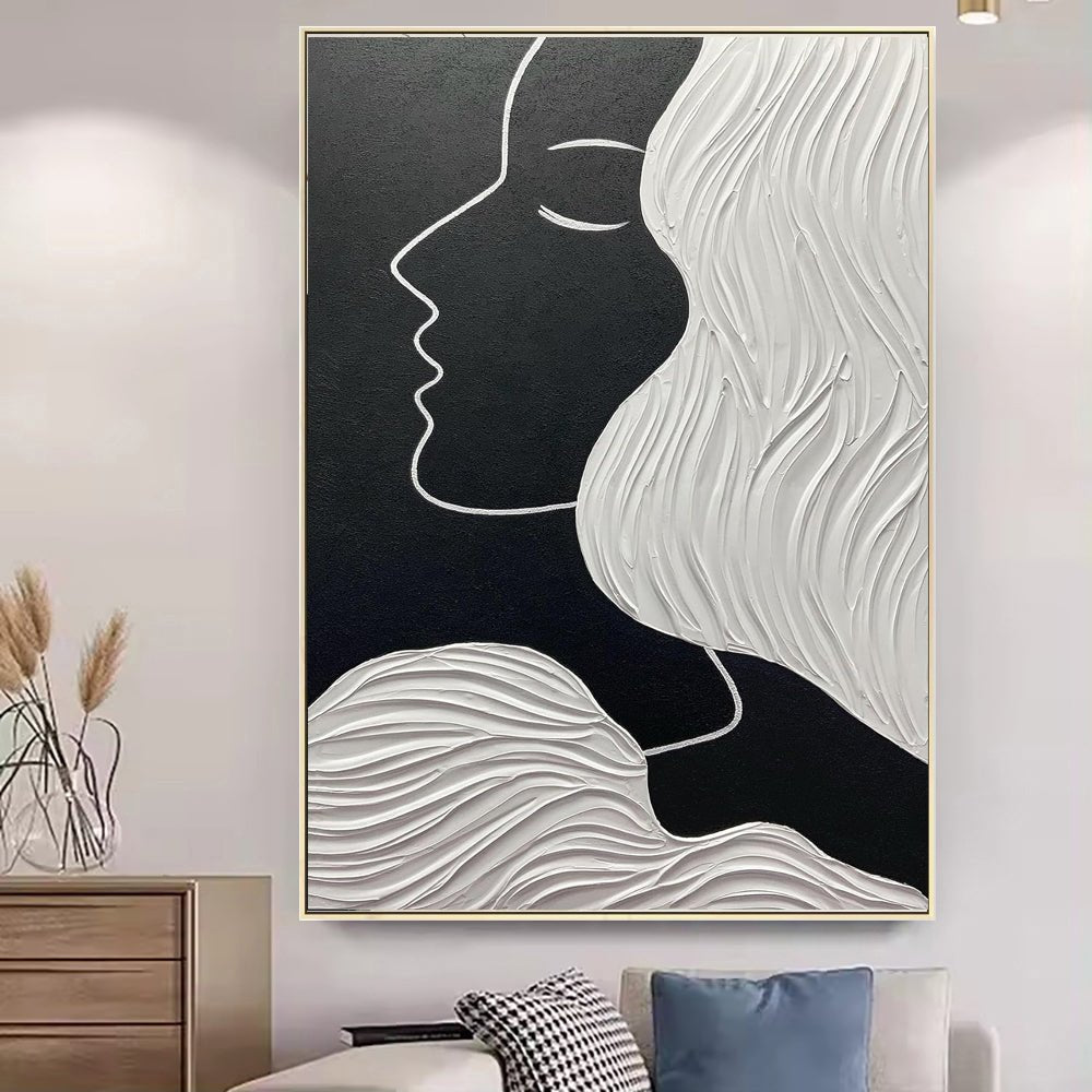Tableau huile portrait noir et blanc fait-main, abstrait nordique pour salon 60cm - IVOIRART.COM