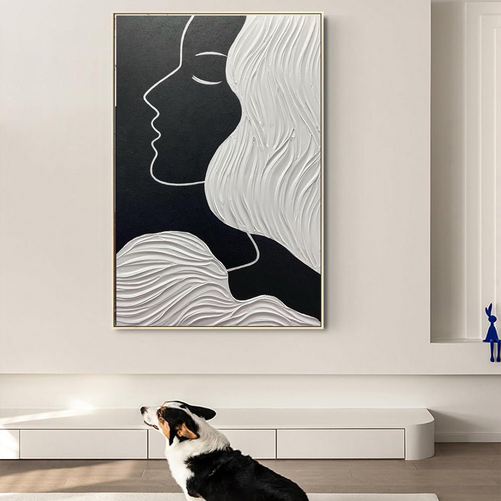Tableau huile portrait noir et blanc fait-main, abstrait nordique pour salon 60cm - IVOIRART.COM