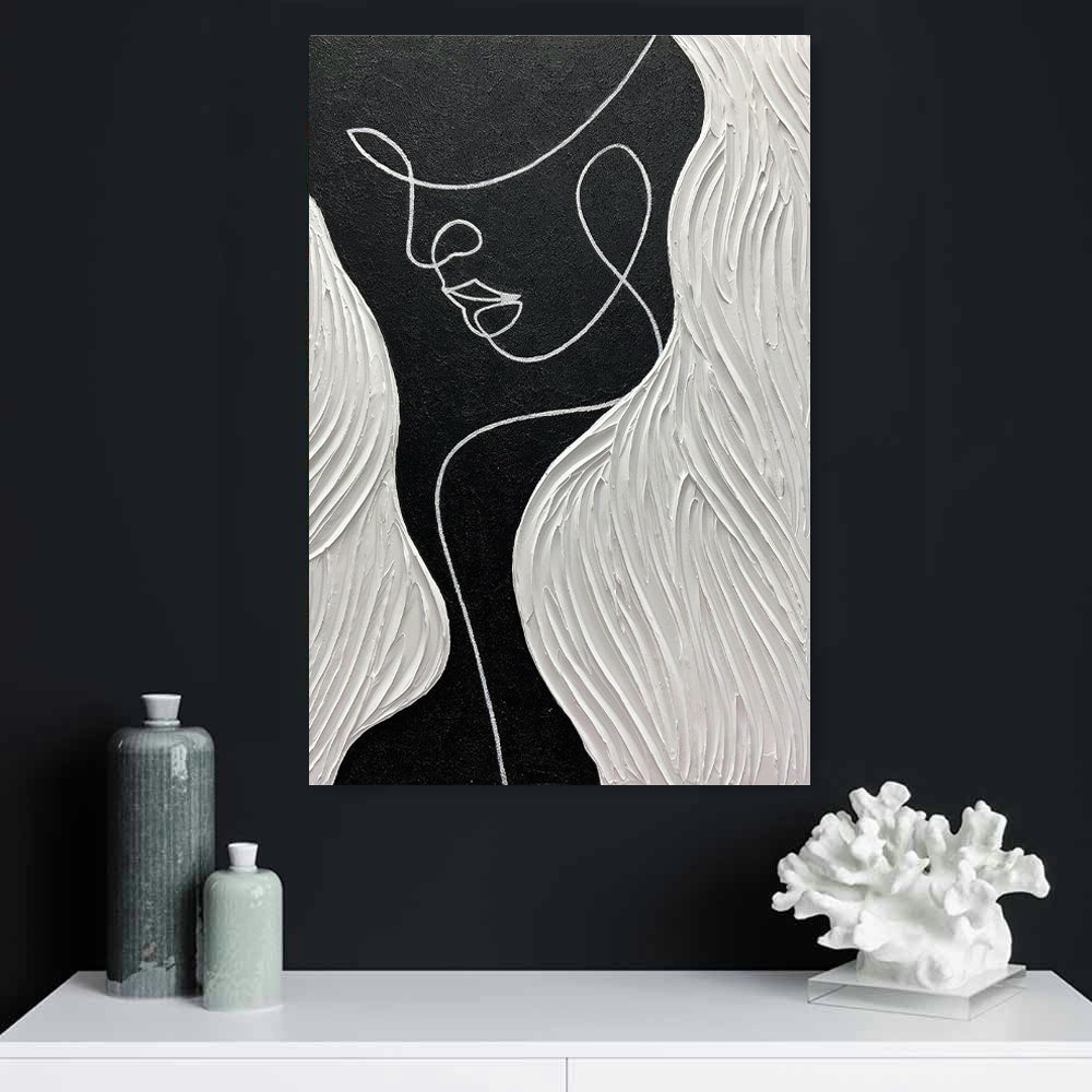 Tableau huile portrait noir et blanc fait-main, abstrait nordique pour salon 60cm - IVOIRART.COM