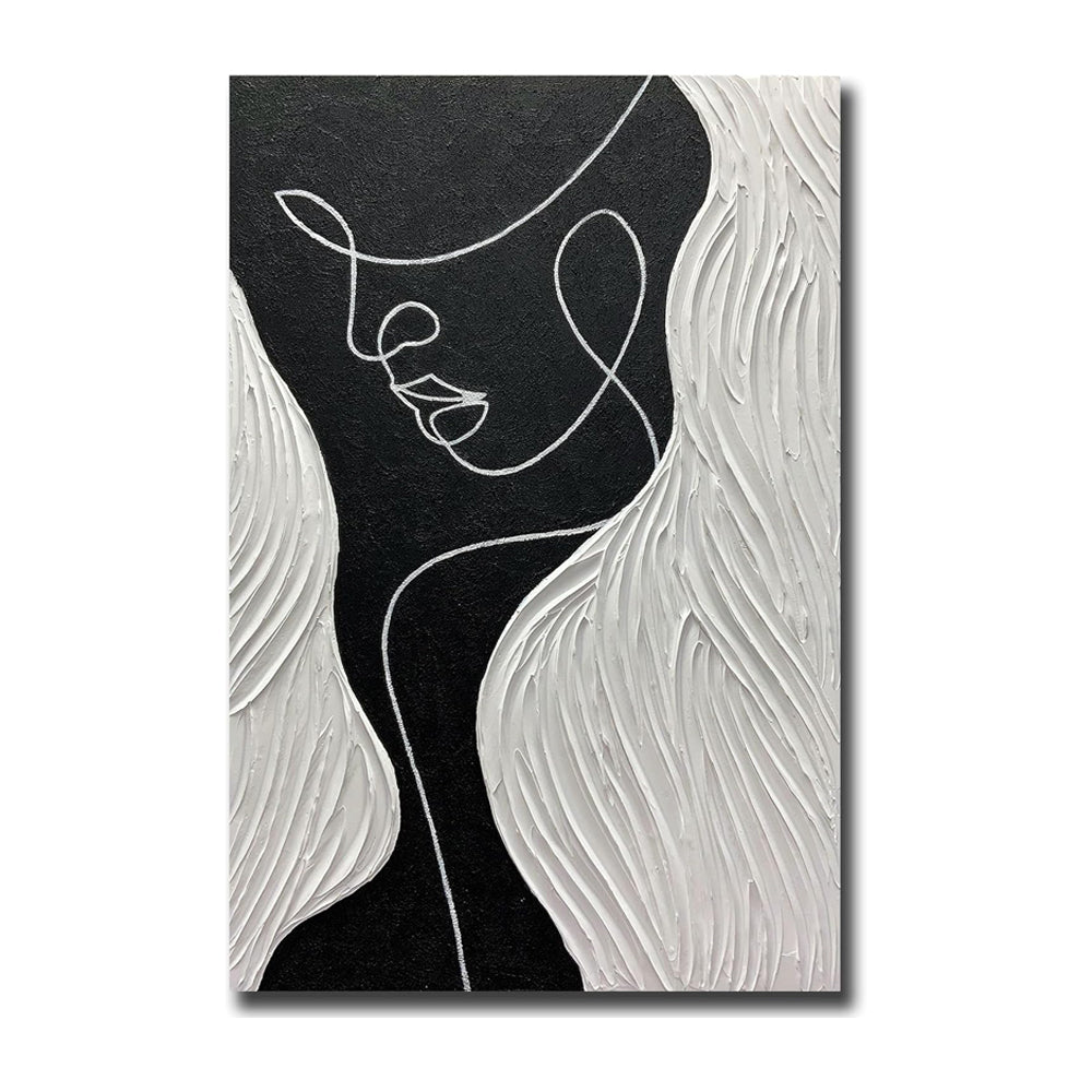 Tableau huile portrait noir et blanc fait-main, abstrait nordique pour salon 60cm - IVOIRART.COM