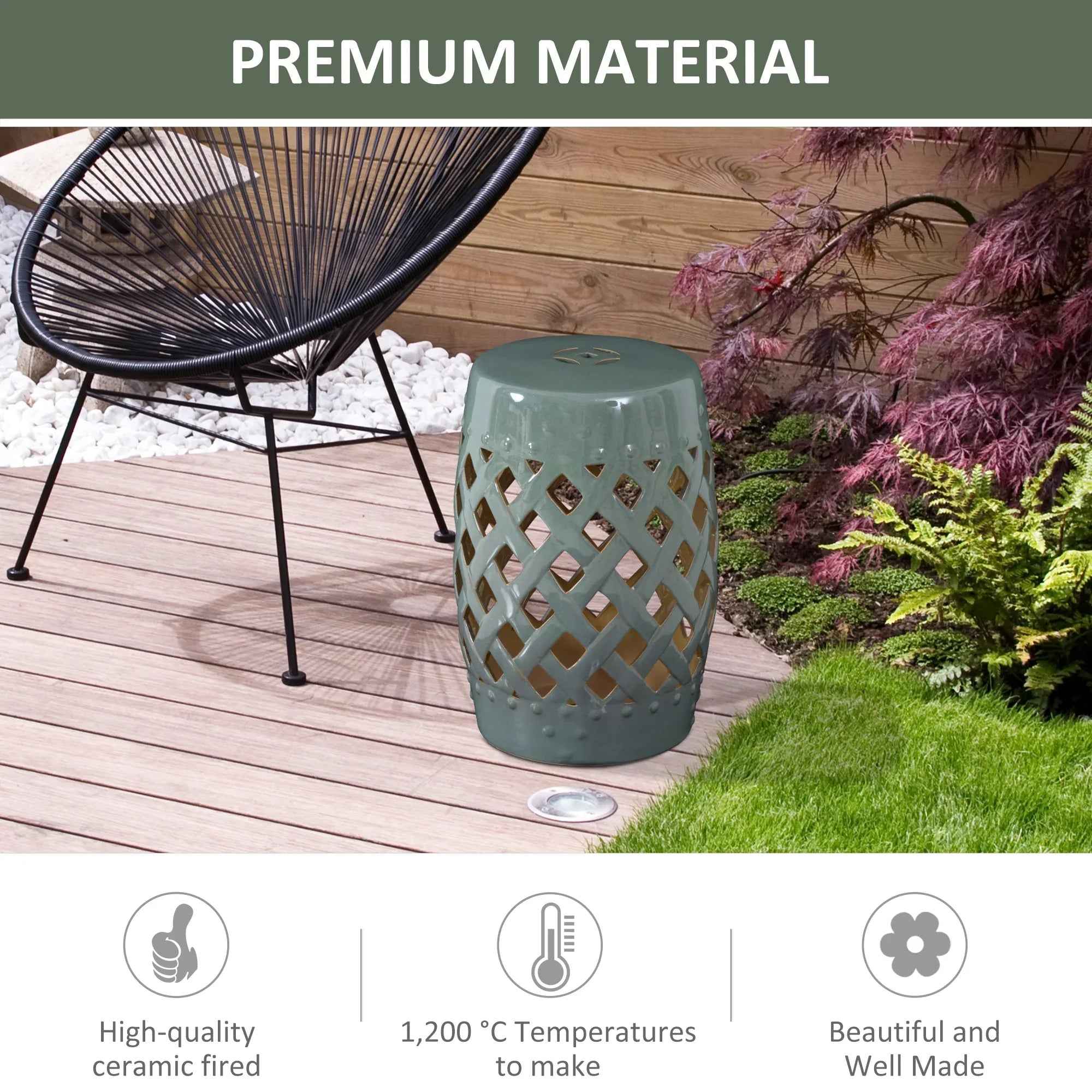 Tabouret de Jardin en Céramique 13" x 18" avec Design en Treillis Tressé et Matériaux Forts Émaillés, Extérieur, Vert - IVOIRART.COM
