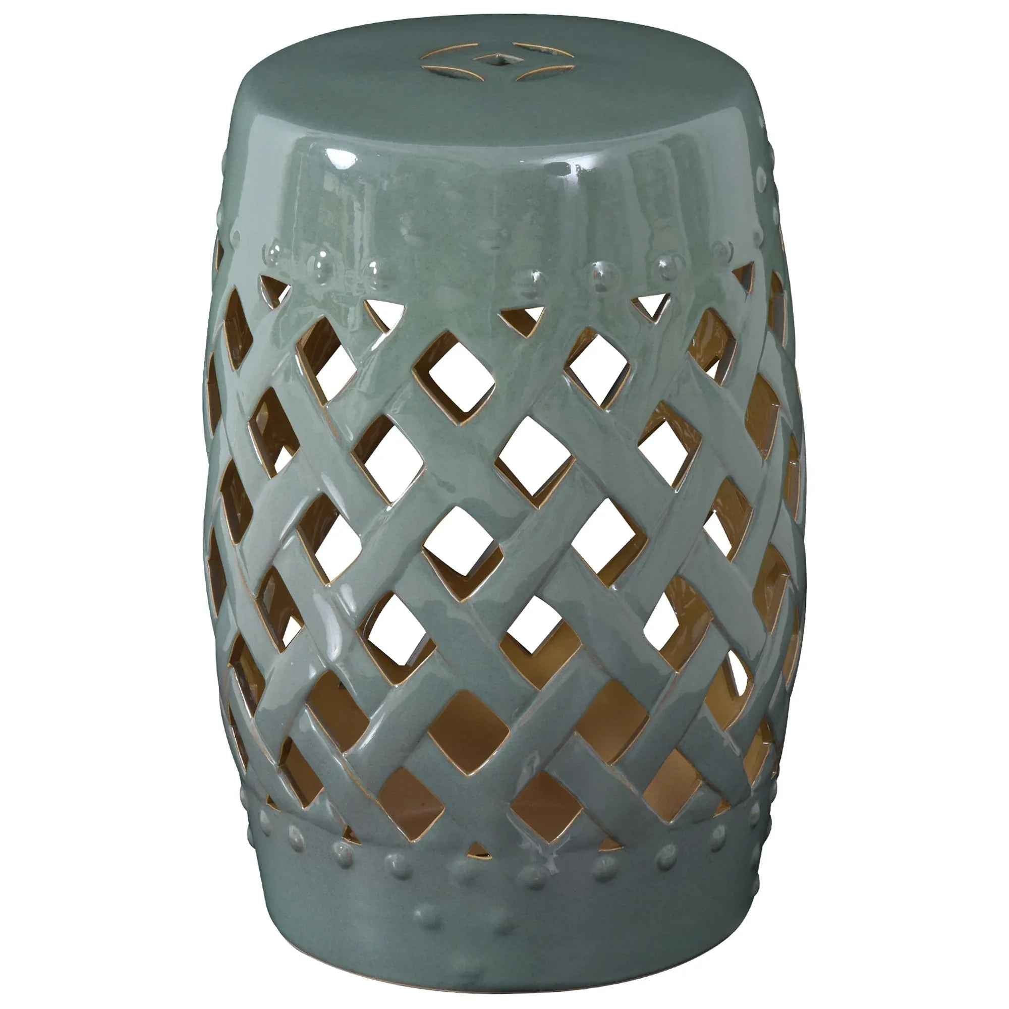 Tabouret de Jardin en Céramique 13" x 18" avec Design en Treillis Tressé et Matériaux Forts Émaillés, Extérieur, Vert - IVOIRART.COM
