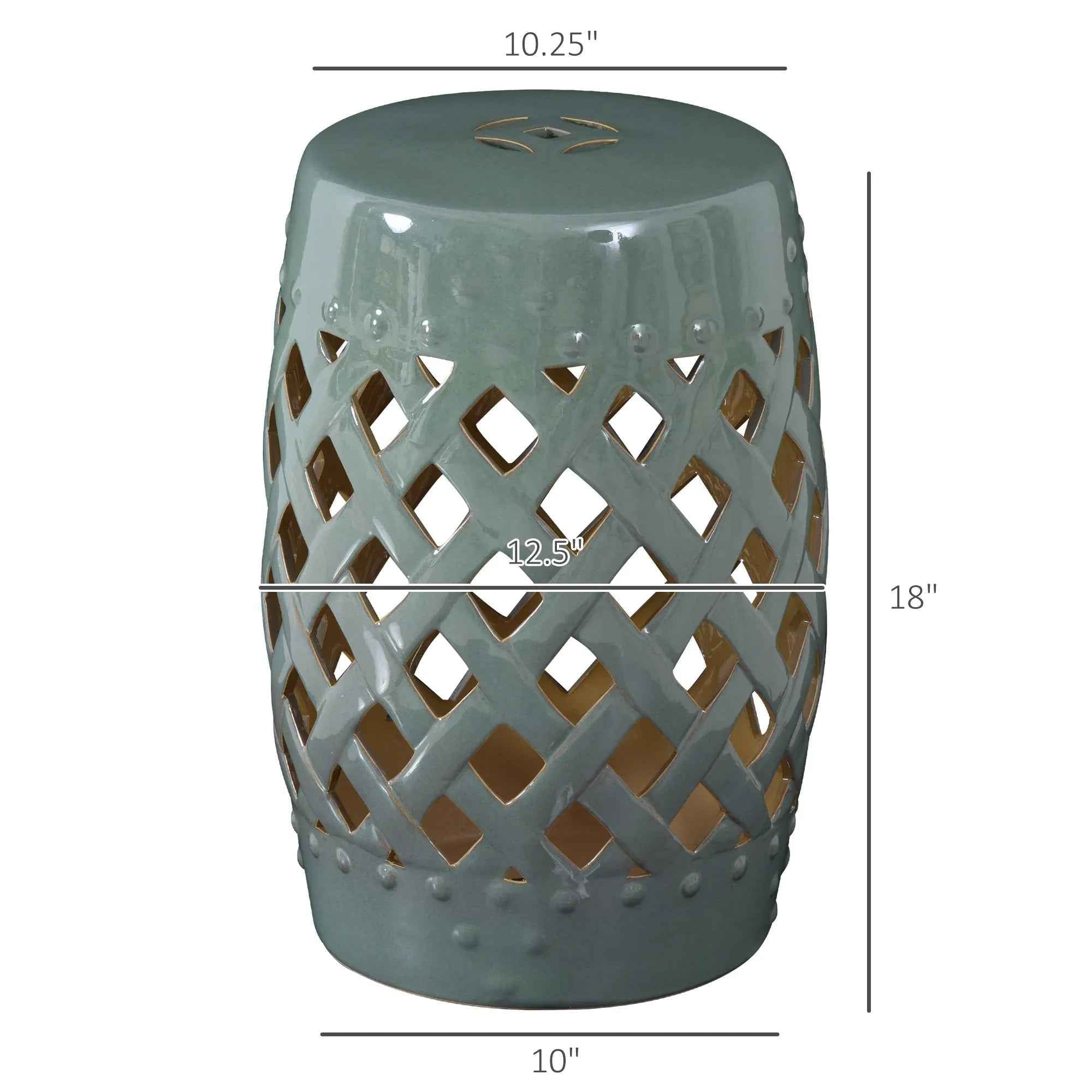 Tabouret de Jardin en Céramique 13" x 18" avec Design en Treillis Tressé et Matériaux Forts Émaillés, Extérieur, Vert - IVOIRART.COM
