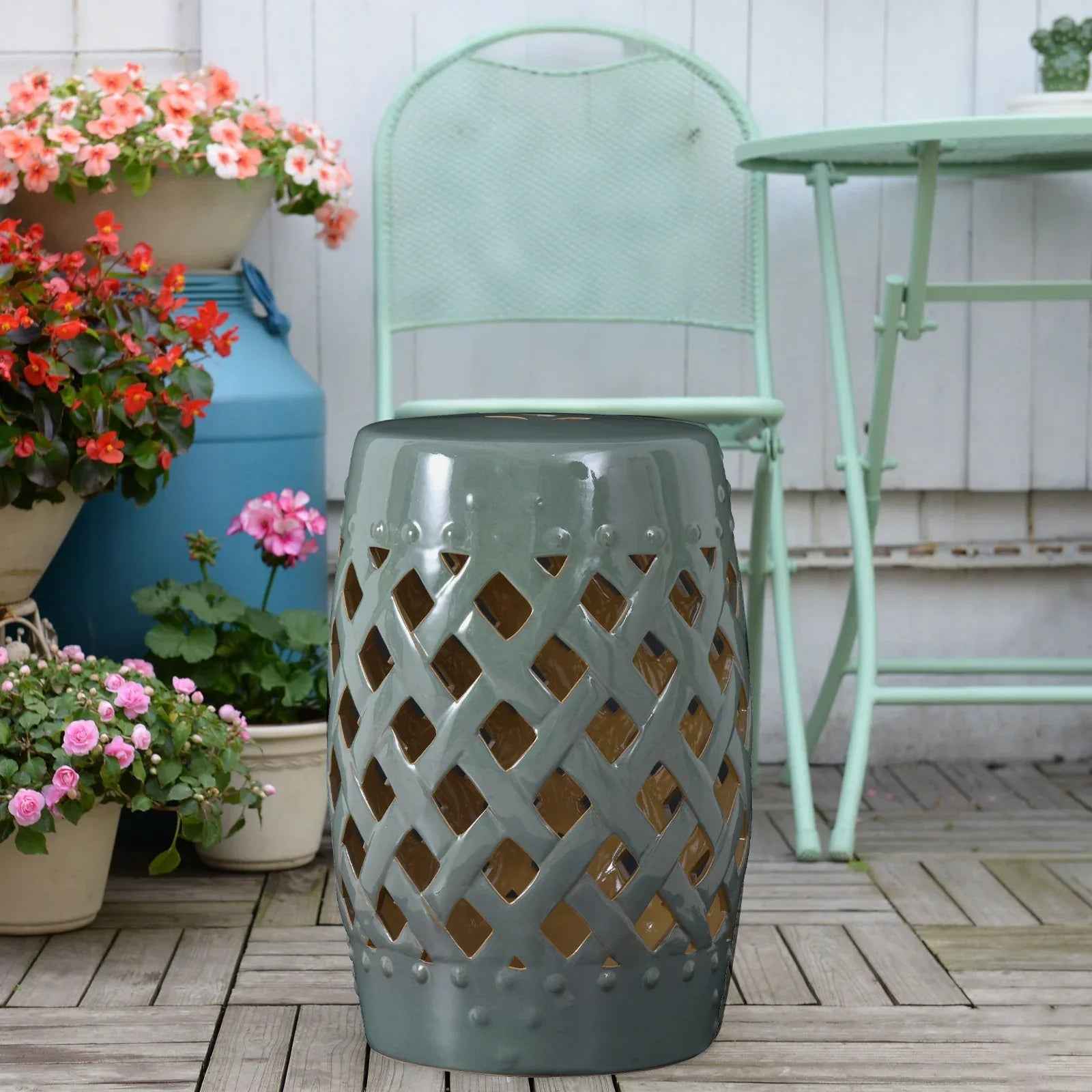 Tabouret de Jardin en Céramique 13" x 18" avec Design en Treillis Tressé et Matériaux Forts Émaillés, Extérieur, Vert - IVOIRART.COM