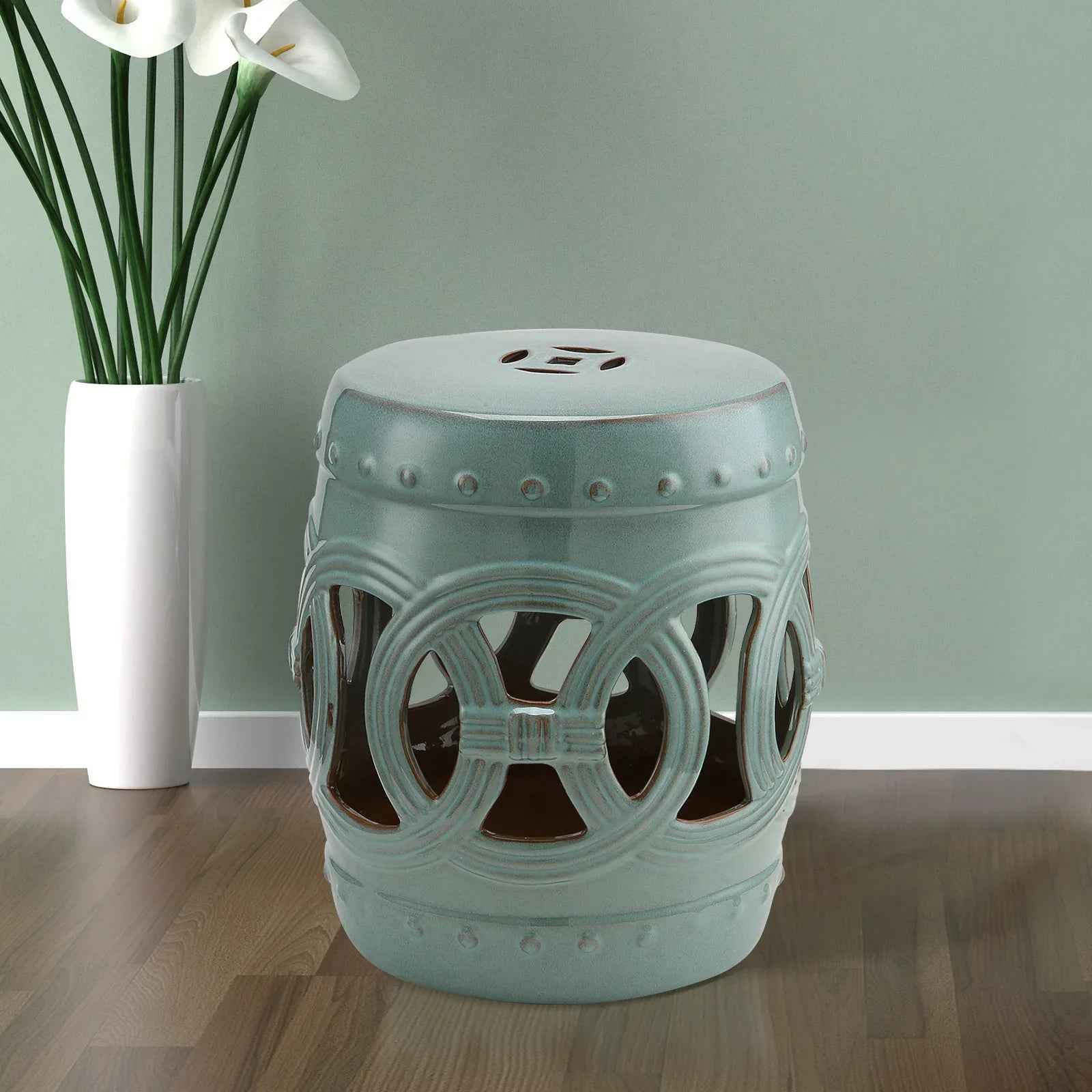 Tabouret de Jardin en Céramique 14" x 17" avec Design de Anneau Nœud Double - Coin et Matériau Émaillé Résistant, Table d'Appoint Décorative, Collection Maison, Bleu Antique - IVOIRART.COM
