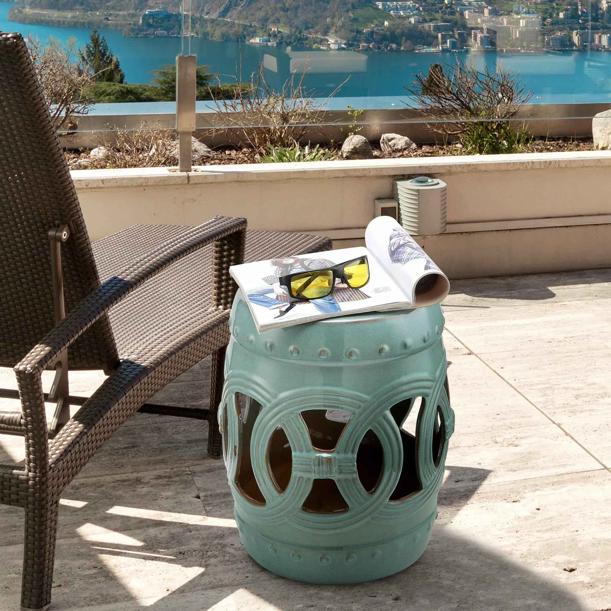 Tabouret de Jardin en Céramique 14" x 17" avec Design de Anneau Nœud Double - Coin et Matériau Émaillé Résistant, Table d'Appoint Décorative, Collection Maison, Bleu Antique - IVOIRART.COM