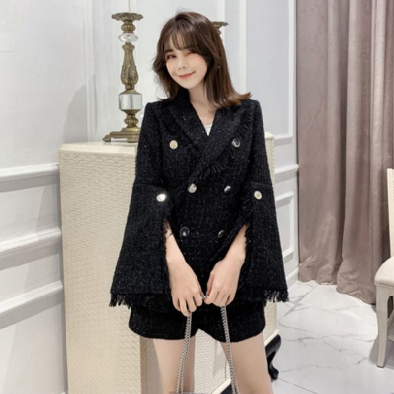 Tailleur court en tweed Fragrant Milk pour femme— veste longue et shorts élégant - IVOIRART.COM