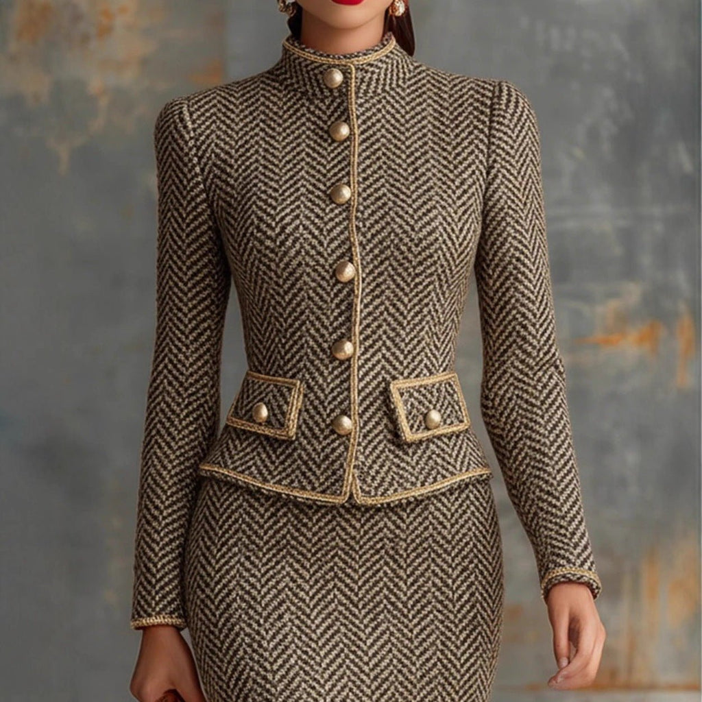 Tailleur jupe élégant en tweed chevrons avec bordure pour femme, style commuter. - IVOIRART.COM