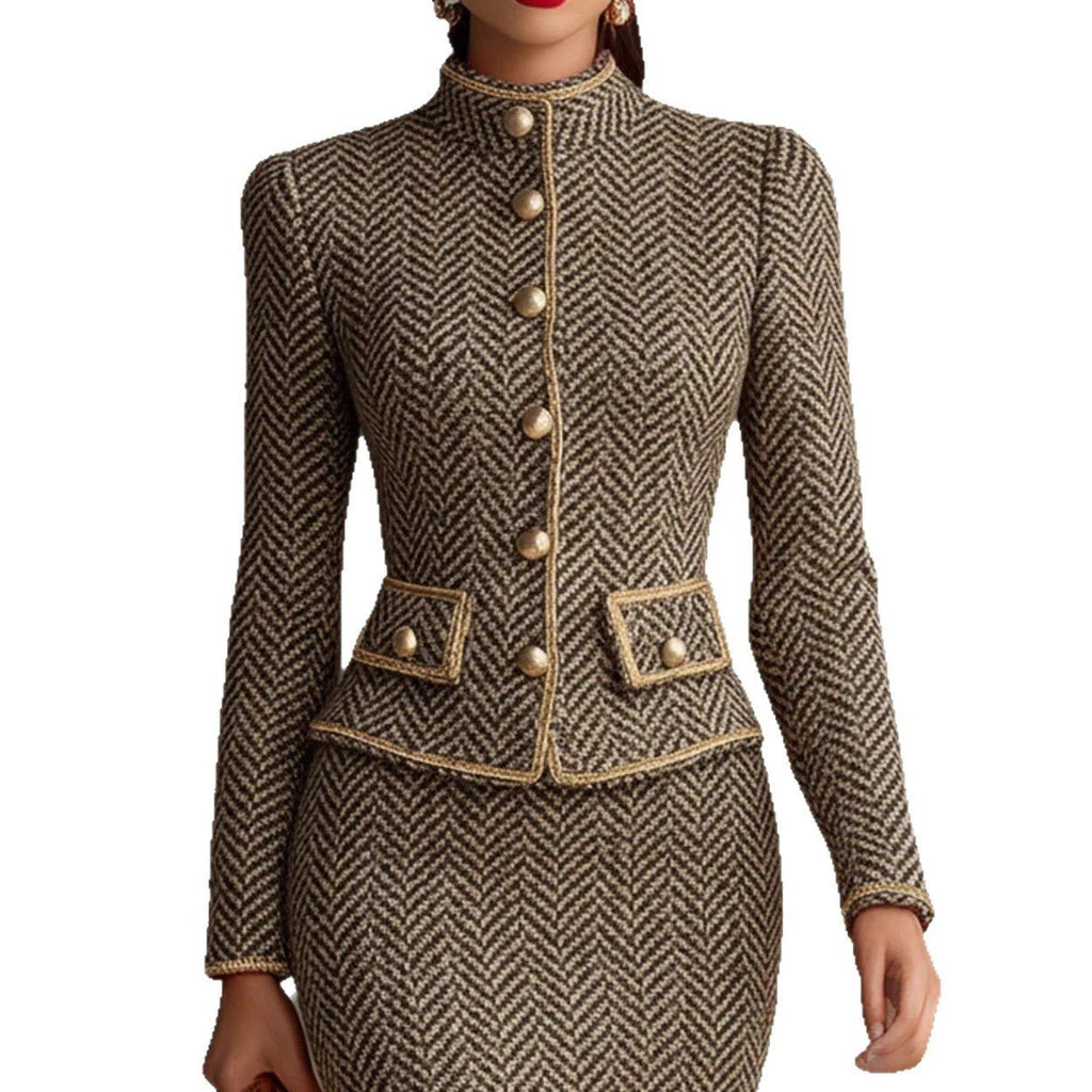 Tailleur jupe élégant en tweed chevrons avec bordure pour femme, style commuter. - IVOIRART.COM