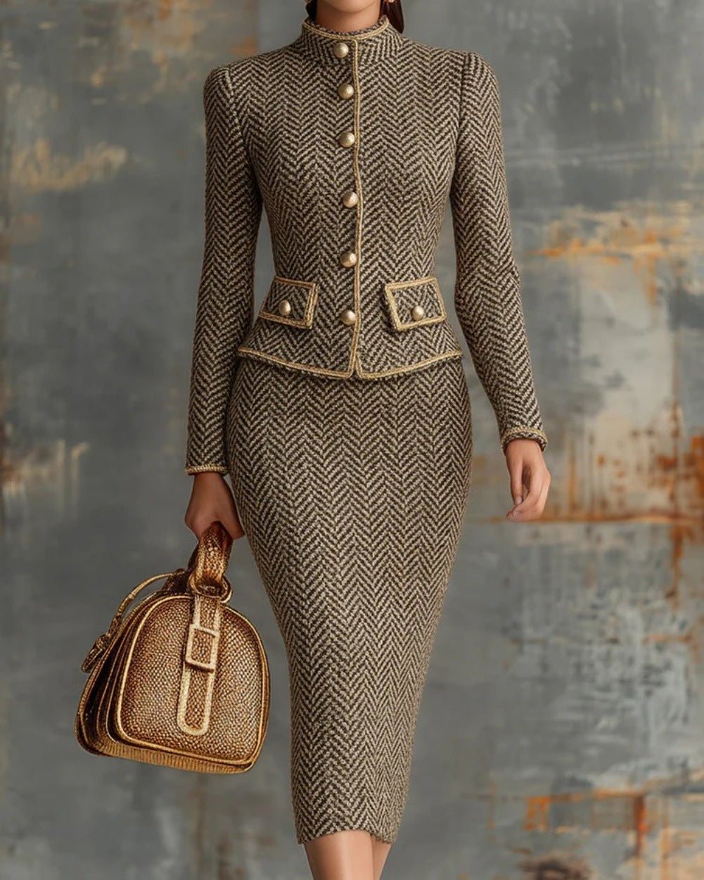 Tailleur jupe élégant en tweed chevrons avec bordure pour femme, style commuter. - IVOIRART.COM