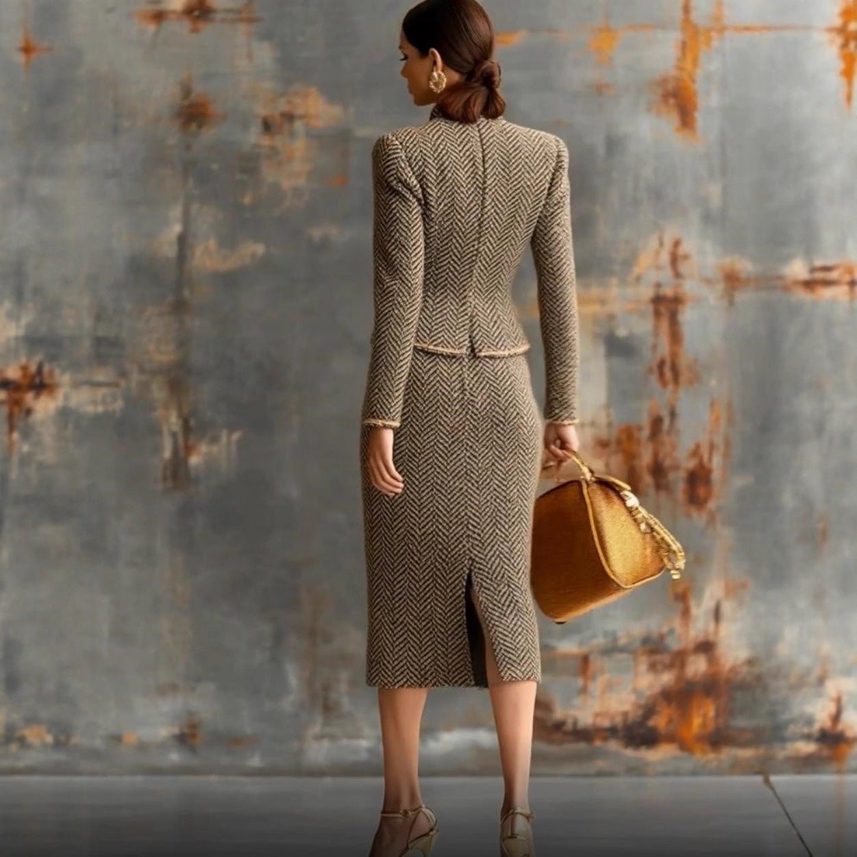 Tailleur jupe élégant en tweed chevrons avec bordure pour femme, style commuter. - IVOIRART.COM