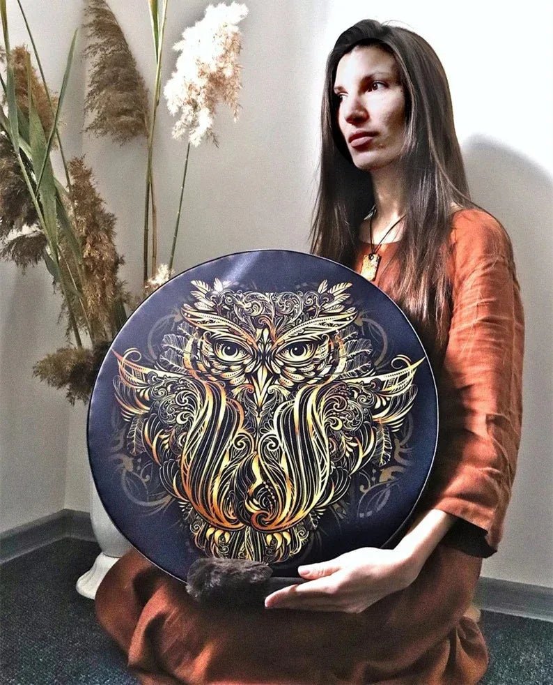 Tambour Chamanique Hibou pour Décoration et Méditation - 25 x 25 cm Élégant - IVOIRART.COM