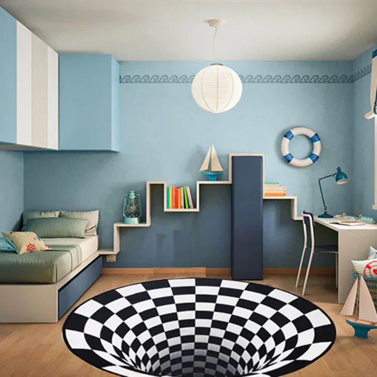 Tapis Rond Géométrique 3D Illusion Vortex Noir&Blanc Tapis de Vision Stéréo Décor de Salon Chambre Tapis d'Area - IVOIRART.COM