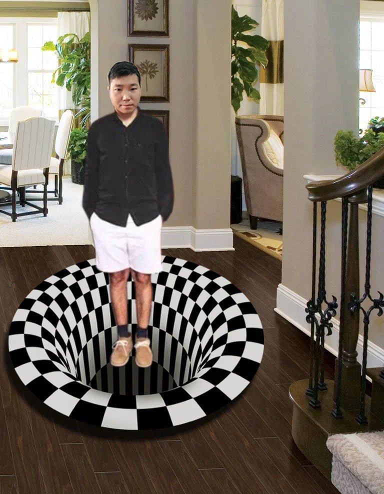 Tapis Rond Géométrique 3D Illusion Vortex Noir&Blanc Tapis de Vision Stéréo Décor de Salon Chambre Tapis d'Area - IVOIRART.COM