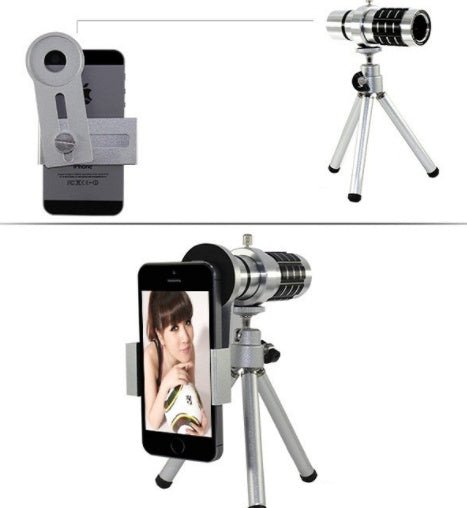 Téléscope mobile universel 12x avec objectif longue focale, trépied ajustable et pince aluminium - IVOIRART.COM
