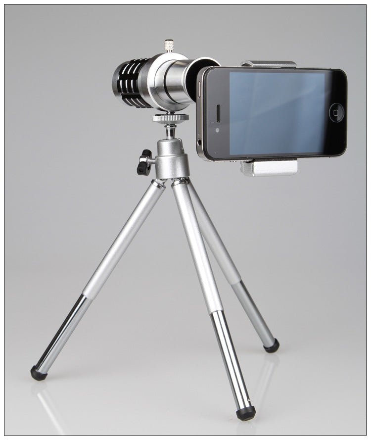 Téléscope mobile universel 12x avec objectif longue focale, trépied ajustable et pince aluminium - IVOIRART.COM