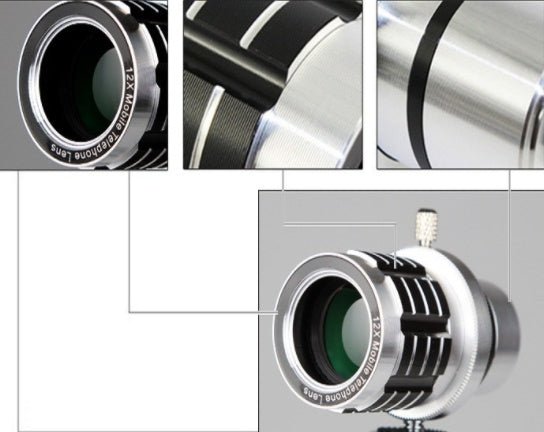 Téléscope mobile universel 12x avec objectif longue focale, trépied ajustable et pince aluminium - IVOIRART.COM