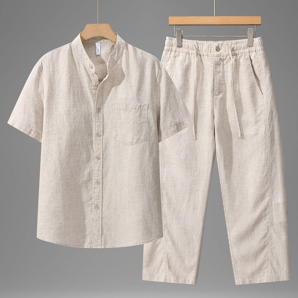 Tencel Linen Shirt Mens Short-sleeve Shirt And Linen Trousers Set - IVOIRART.COM