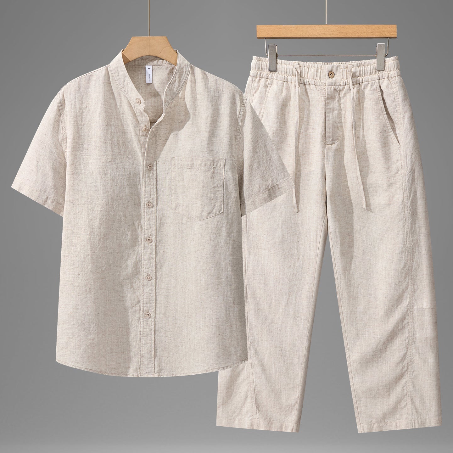 Tencel Linen Shirt Mens Short-sleeve Shirt And Linen Trousers Set - IVOIRART.COM
