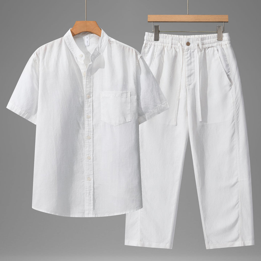 Tencel Linen Shirt Mens Short-sleeve Shirt And Linen Trousers Set - IVOIRART.COM