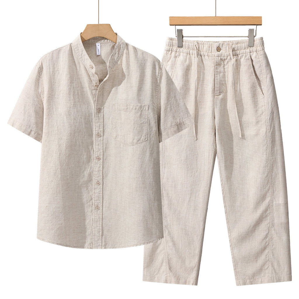 Tencel Linen Shirt Mens Short-sleeve Shirt And Linen Trousers Set - IVOIRART.COM