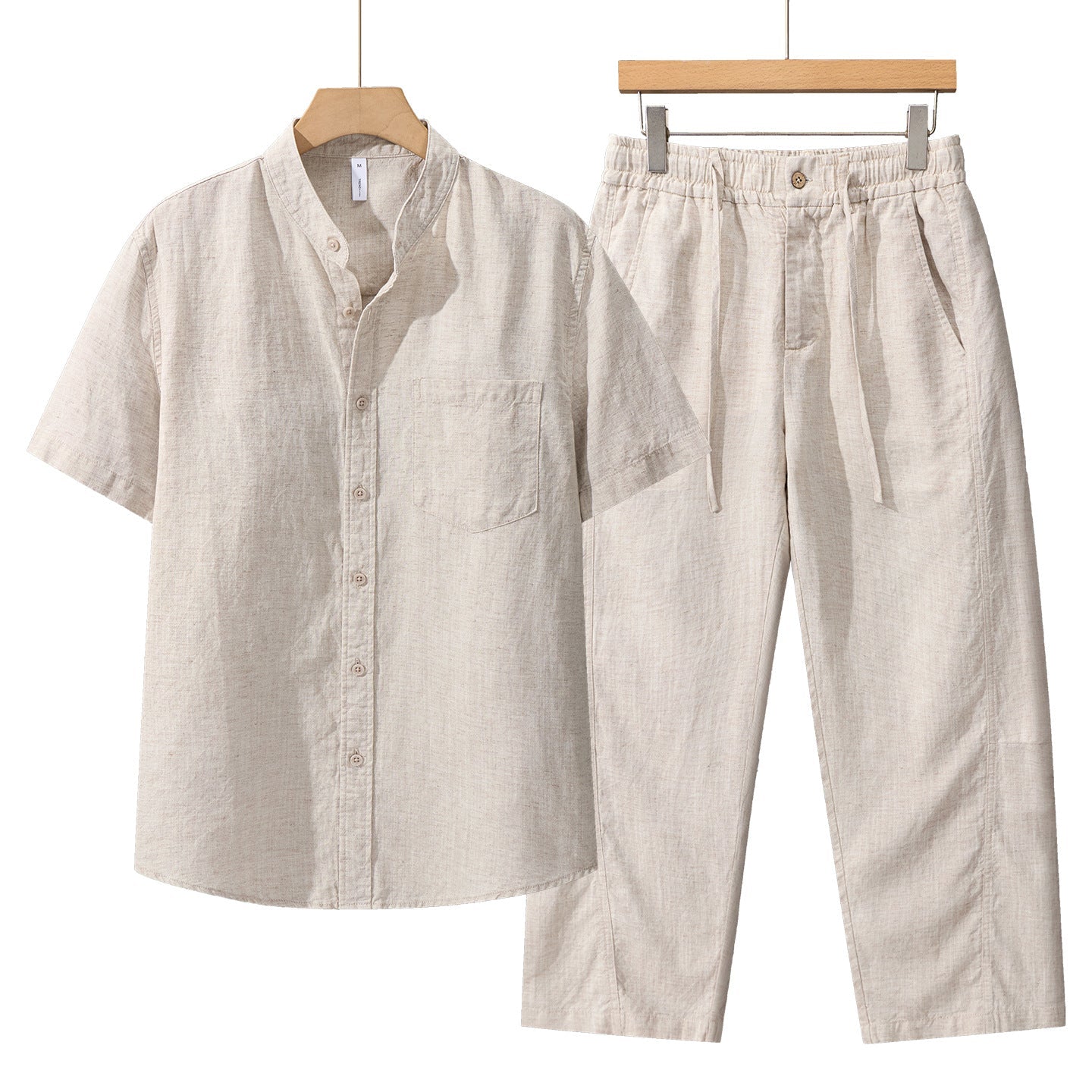 Tencel Linen Shirt Mens Short-sleeve Shirt And Linen Trousers Set - IVOIRART.COM