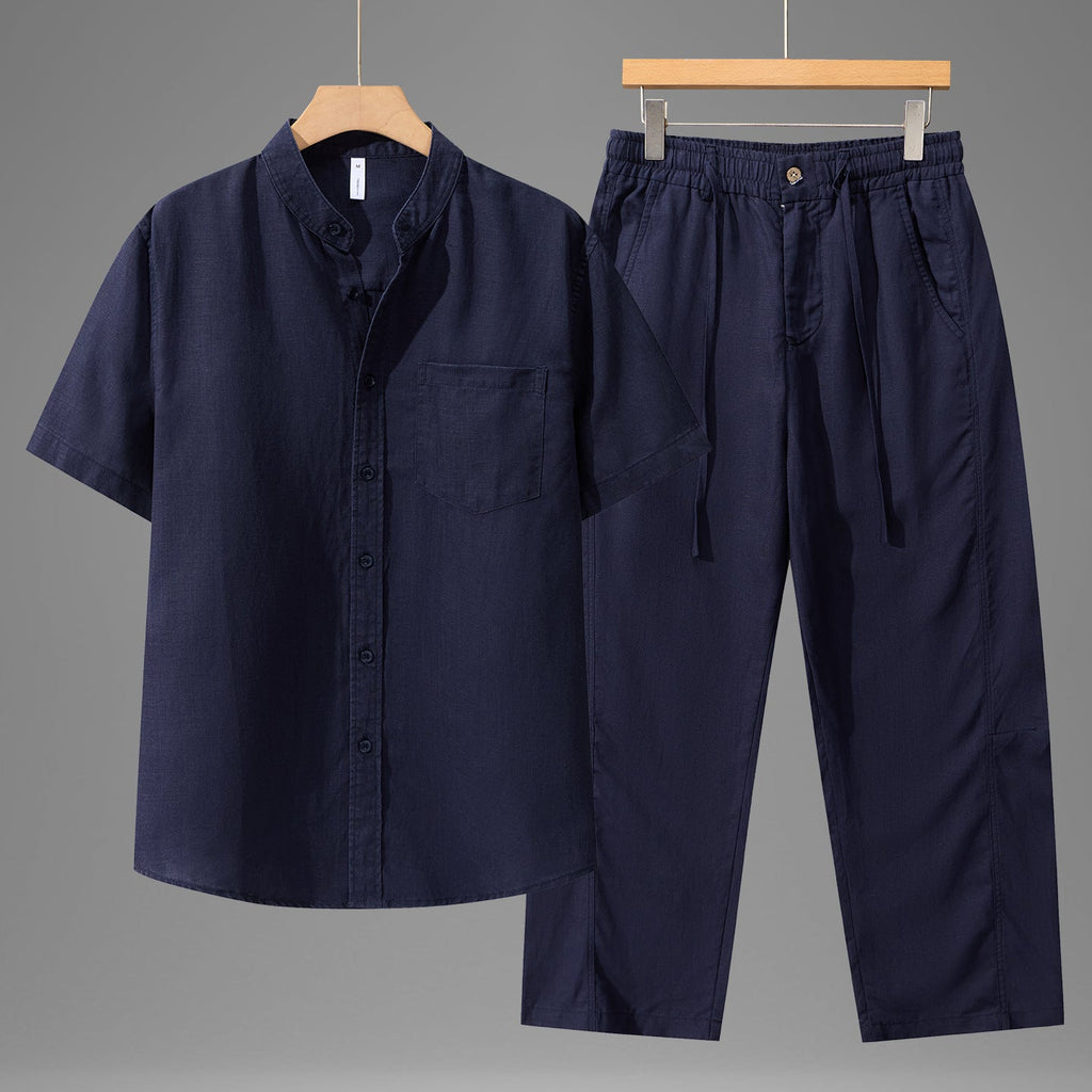 Tencel Linen Shirt Mens Short-sleeve Shirt And Linen Trousers Set - IVOIRART.COM