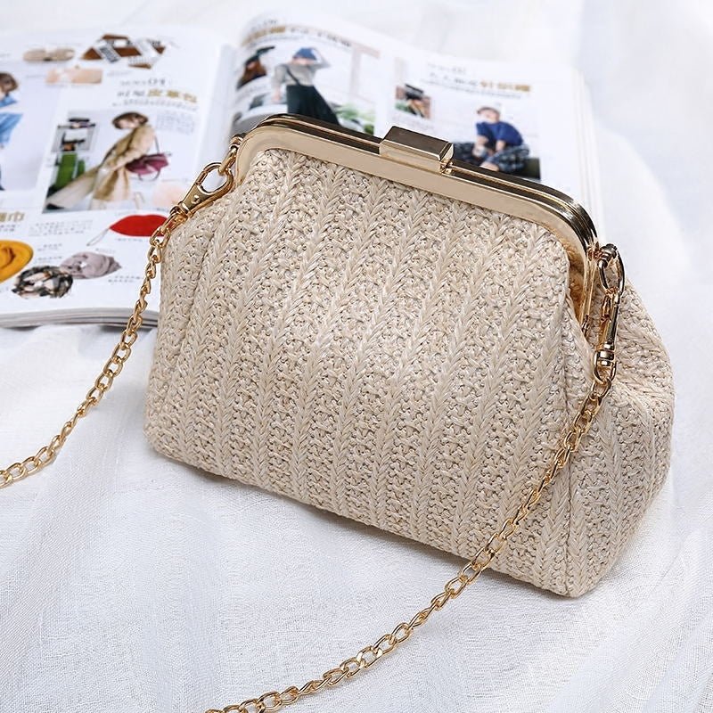 Tendance Mode Été Sac Tressé en Paille Mini Pratique et Élégant Beige Kaki - IVOIRART.COM