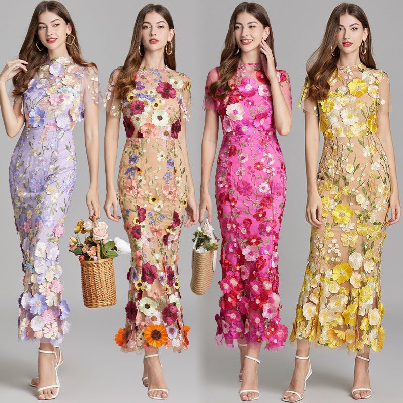 Three-dimensional Flower Mesh Embroidery Dress - IVOIRART.COM
